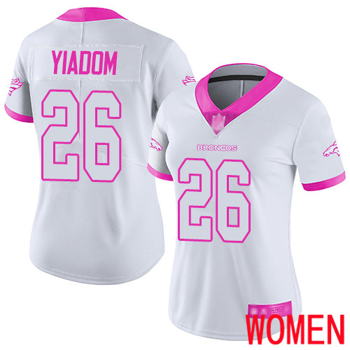 Women Denver Broncos #26 Isaac Yiadom Limited White Pink Rush Fashion Football NFL Jersey